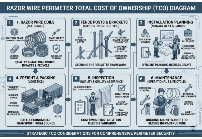 Technical infographic showing lifecycle cost categories of industrial razor wire perimeter